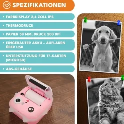 krumad Mini Sofortbildkamera mit Drucker – 2in1 Kinderkamera & Fotodrucker, Bluetooth, Spiele, Video/Musik, Smartphone-Druck