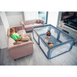 lionelo Willow Laufgitter Baby, ab 0-48 Monaten, große Spielfläche 127cm x 187cm x 68cm, Kinderlaufstall, atmungsaktive Netzseiten, stabil mit Saugnäpfen, 2 Eingänge mit Reißverschluss