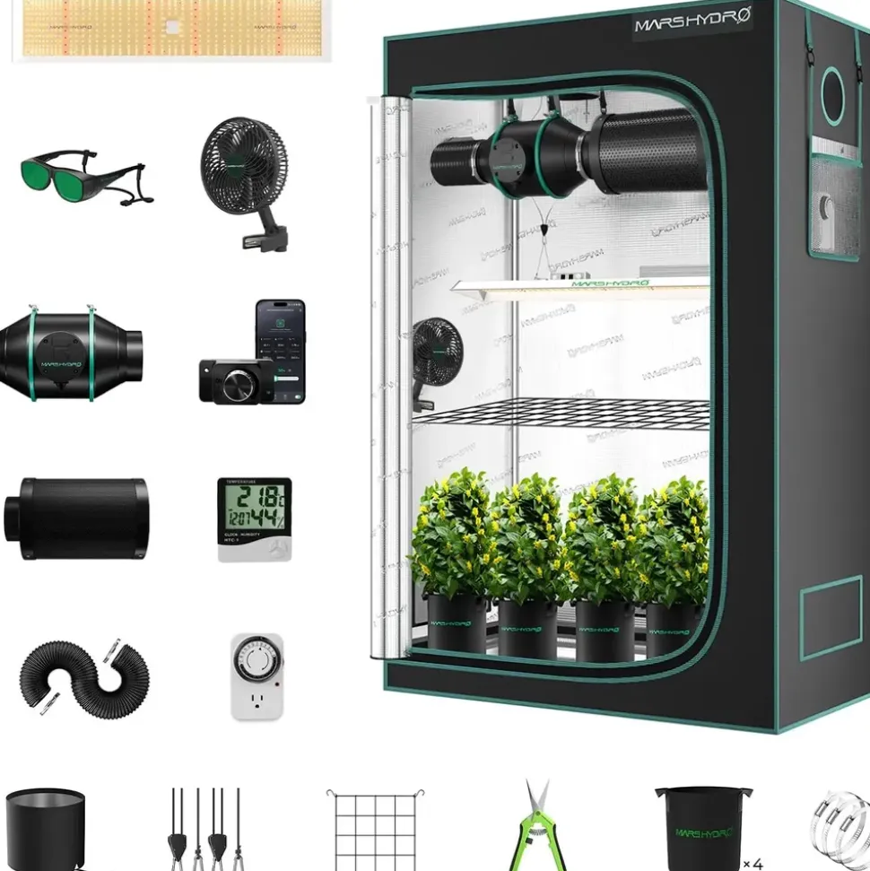 Mars Hydro Growbox Komplettset 300W LED Vollspektrum Dimmbar, 120 x 60 x 180 cm Schwarz