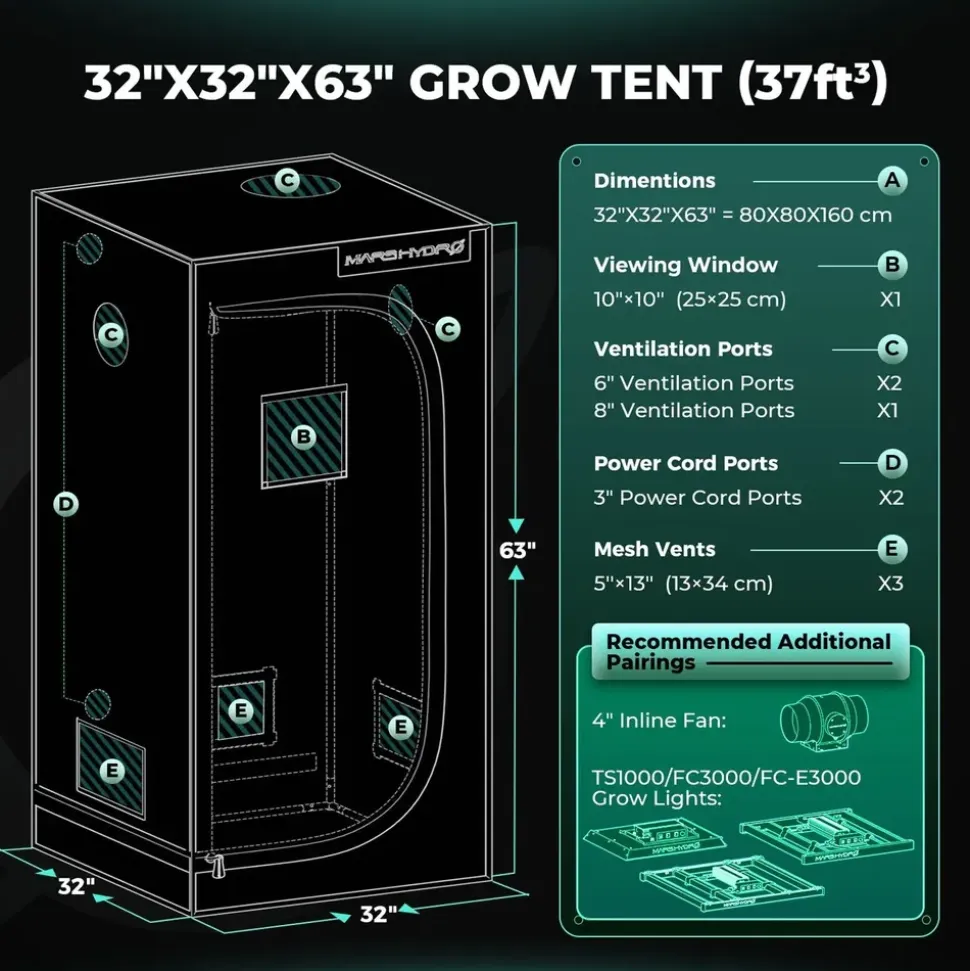 Mars Hydro Wachstumszelt Komplettset 150W LED 80 x 80 x 120 cm Transparent