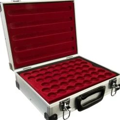 MC.Sammler Alu Münzkoffer inkl 5 Münztableaus für 230 Stk 2 Euro Münzen in Kapseln bis 31mm (ohne Münzkapseln) - Rot/Schwarz