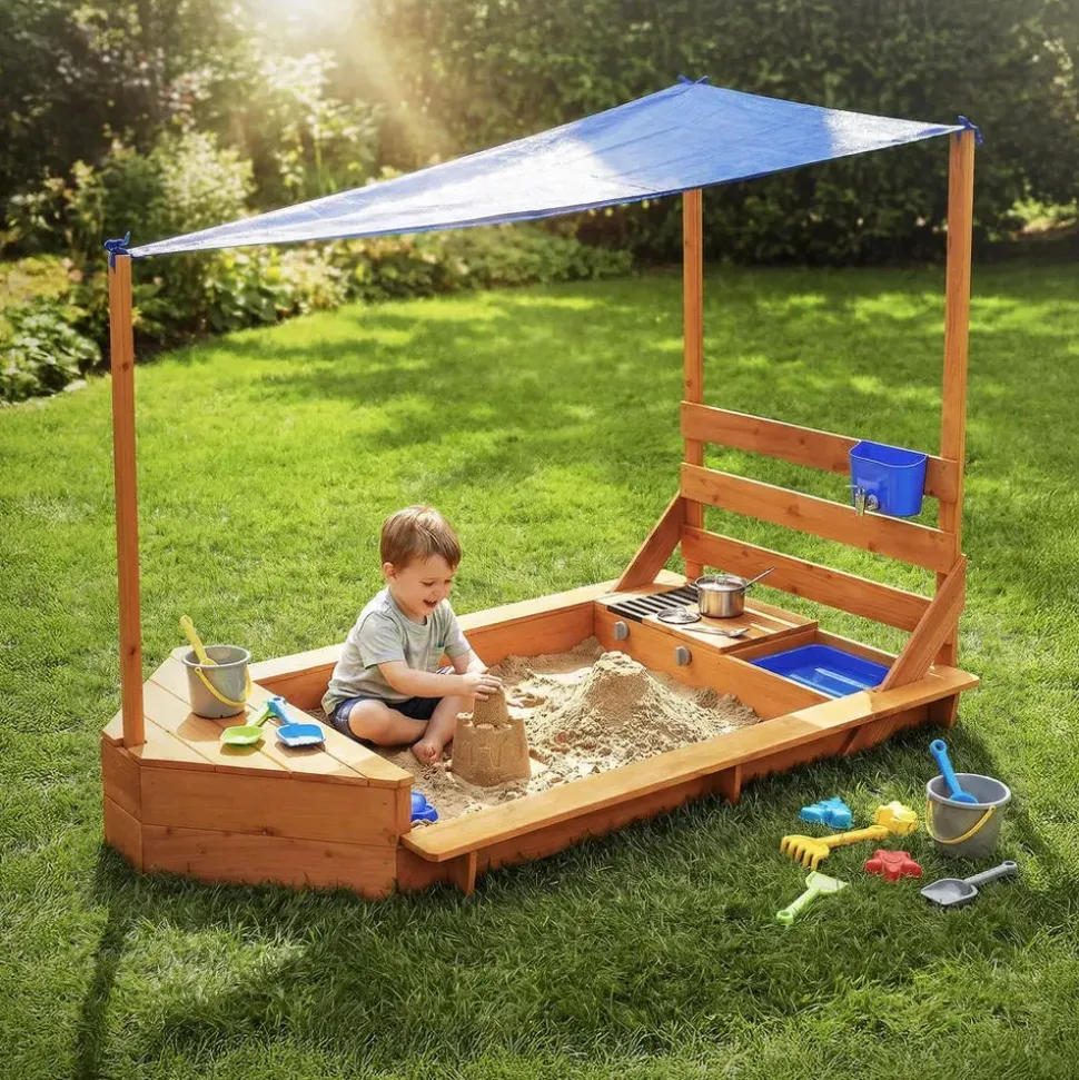 ML-Design Sandkasten mit Dach Boot blau