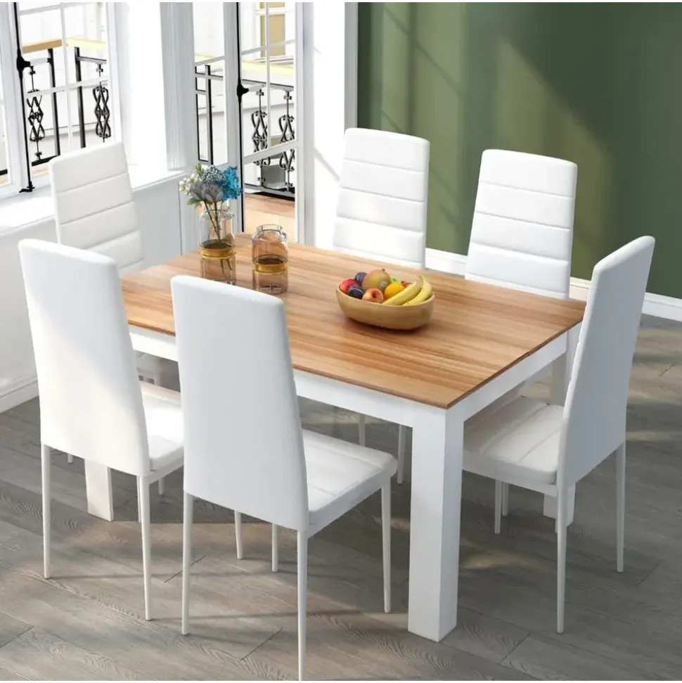 Mondeer Esstischset Essgruppe Esszimmergruppe mit 6 Stühlen Esstisch aus Holz Küchentisch Eiche+Weiß - Weiß/Braun