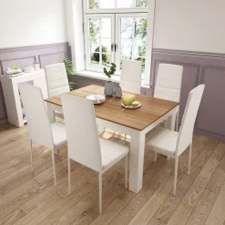 Mondeer Esstischset Essgruppe Esszimmergruppe mit 6 Stühlen Esstisch aus Holz Küchentisch Eiche+Weiß - Weiß/Braun