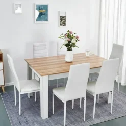 Mondeer Esstischset Essgruppe Esszimmergruppe mit 6 Stühlen Esstisch aus Holz Küchentisch Eiche+Weiß - Weiß/Braun