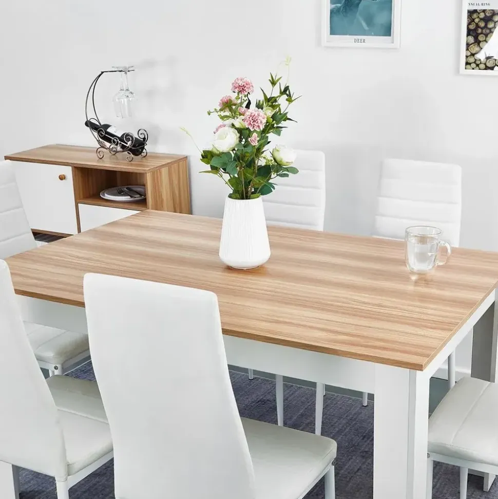 Mondeer Esstischset Essgruppe Esszimmergruppe mit 6 Stühlen Esstisch aus Holz Küchentisch Eiche+Weiß - Weiß/Braun