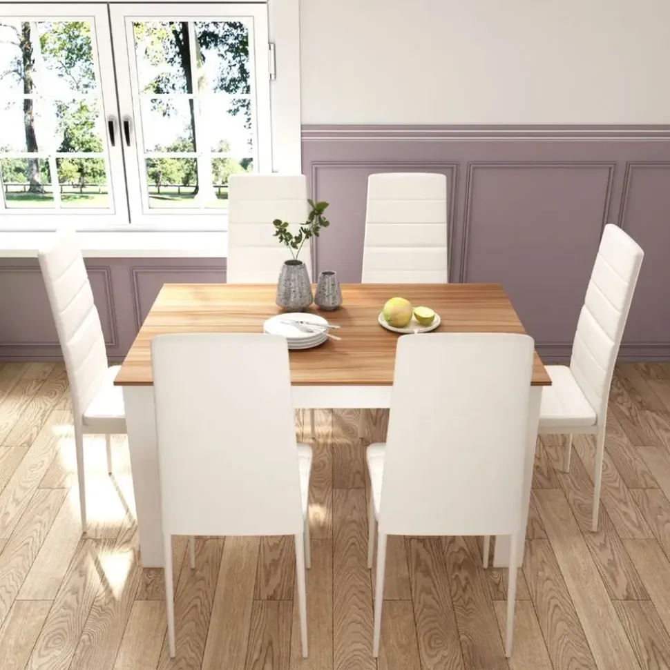 Mondeer Esstischset Essgruppe Esszimmergruppe mit 6 Stühlen Esstisch aus Holz Küchentisch Eiche+Weiß - Weiß/Braun