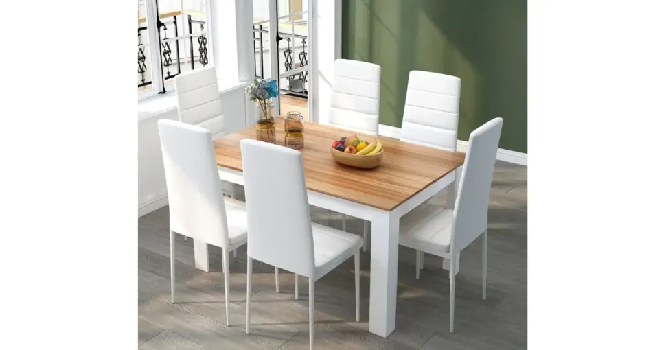 Mondeer Esstischset Essgruppe Esszimmergruppe mit 6 Stühlen Esstisch aus Holz Küchentisch Eiche+Weiß - Weiß/Braun