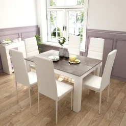 Mondeer Esstischset Essgruppe Esszimmergruppe mit 6 Stühlen Esstisch aus Holz Küchentisch Grau+Weiß - Grau/Weiß
