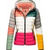 Navahoo Damen Steppjacke leichte Übergangsjacke mit Kapuze im Colourblocking Stil Lulana Multikulti
