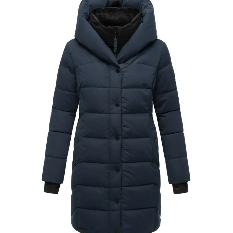 Navahoo Damen, Wintermantel warmer Steppmantel lang mit Kapuze und abnehmbarem Fleece-Kragen Knutschilein Navy Gr. S - S