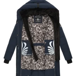 Navahoo Damen, Wintermantel warmer Steppmantel lang mit Kapuze und abnehmbarem Fleece-Kragen Knutschilein Navy Gr. S - S