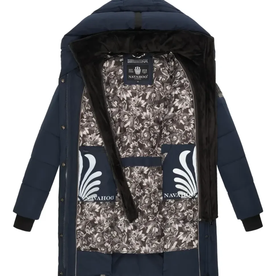Navahoo Damen, Wintermantel warmer Steppmantel lang mit Kapuze und abnehmbarem Fleece-Kragen Knutschilein Navy Gr. S - S