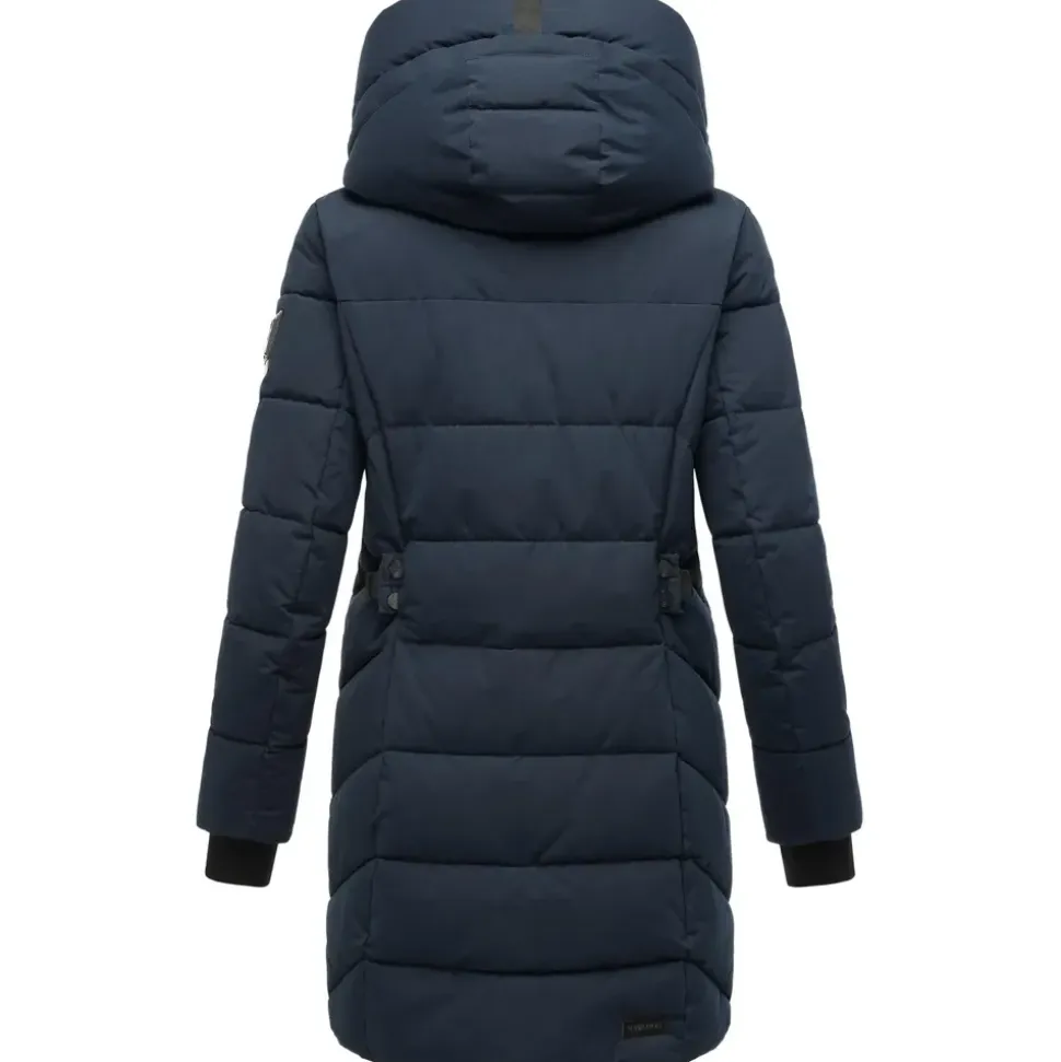 Navahoo Damen, Wintermantel warmer Steppmantel lang mit Kapuze und abnehmbarem Fleece-Kragen Knutschilein Navy Gr. S - S