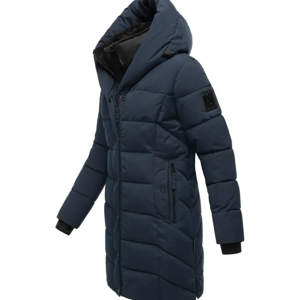 Navahoo Damen, Wintermantel warmer Steppmantel lang mit Kapuze und abnehmbarem Fleece-Kragen Knutschilein Navy Gr. S - S