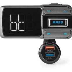 Nedis Audio Transmitter fürs Auto - Bluetooth 5.0 UKW-Sender für Playlists & Freisprechfunktion - 2 USB-Ladeanschlüsse (3.0A, 2.4A) - Flexibler Schwanenhals & LED-Display