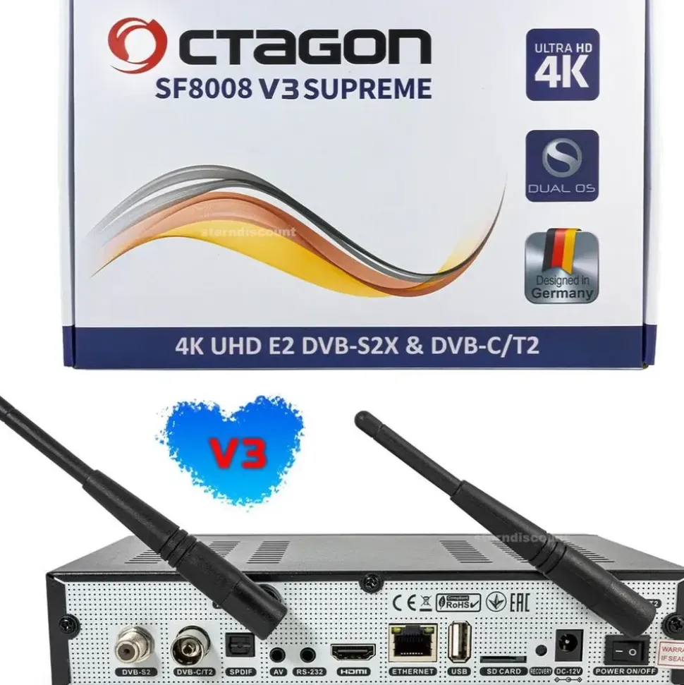 Octagon SF8008 V3 UHD 4K COMBO Supreme E2 DVB-S2X & DVB-C/T2 Linux & Define OS, M.2 Dual-WiFi) - Schwarz