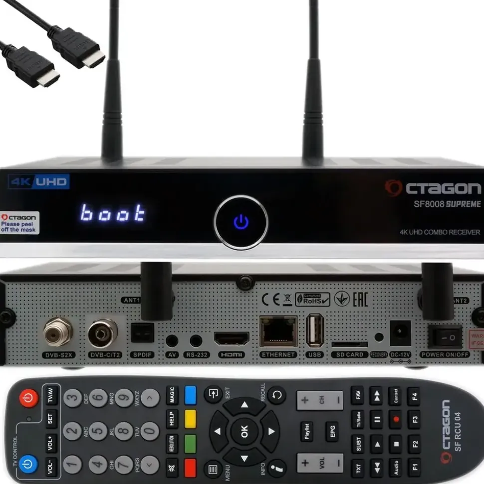 Octagon SF8008 V3 UHD 4K COMBO Supreme E2 DVB-S2X & DVB-C/T2 Linux & Define OS, M.2 Dual-WiFi) - Schwarz