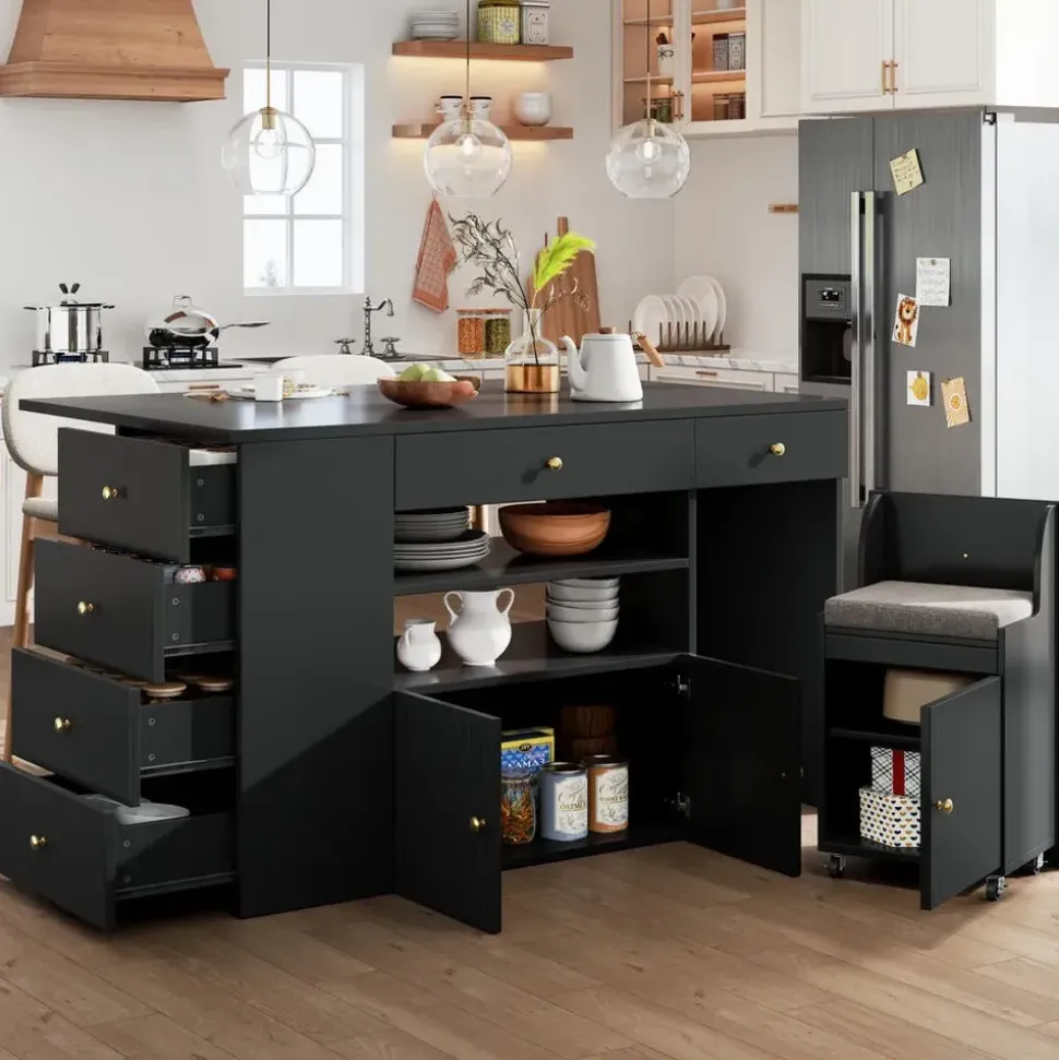 Okwish Kücheninsel, Schwarz, Holzwerkstoff, 140x89x70 cm, Küchen, Küchenmöbel, Kücheninseln