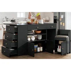 Okwish Kücheninsel, Schwarz, Holzwerkstoff, 140x89x70 cm, Küchen, Küchenmöbel, Kücheninseln