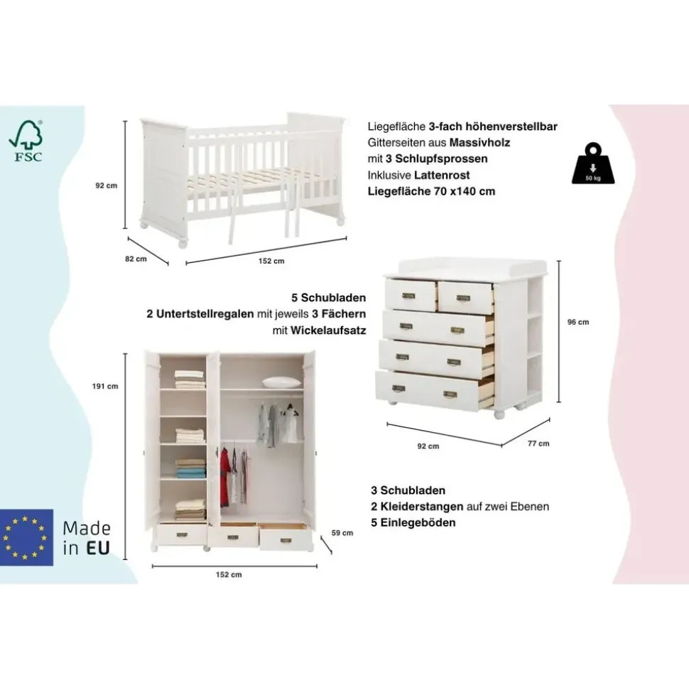 OTTO home Babyzimmer-Komplettset OTTO HOME "Aimo", Landhausstil, stabile Qualität, edles Design, Messinggriffe", Kinder, Gr.