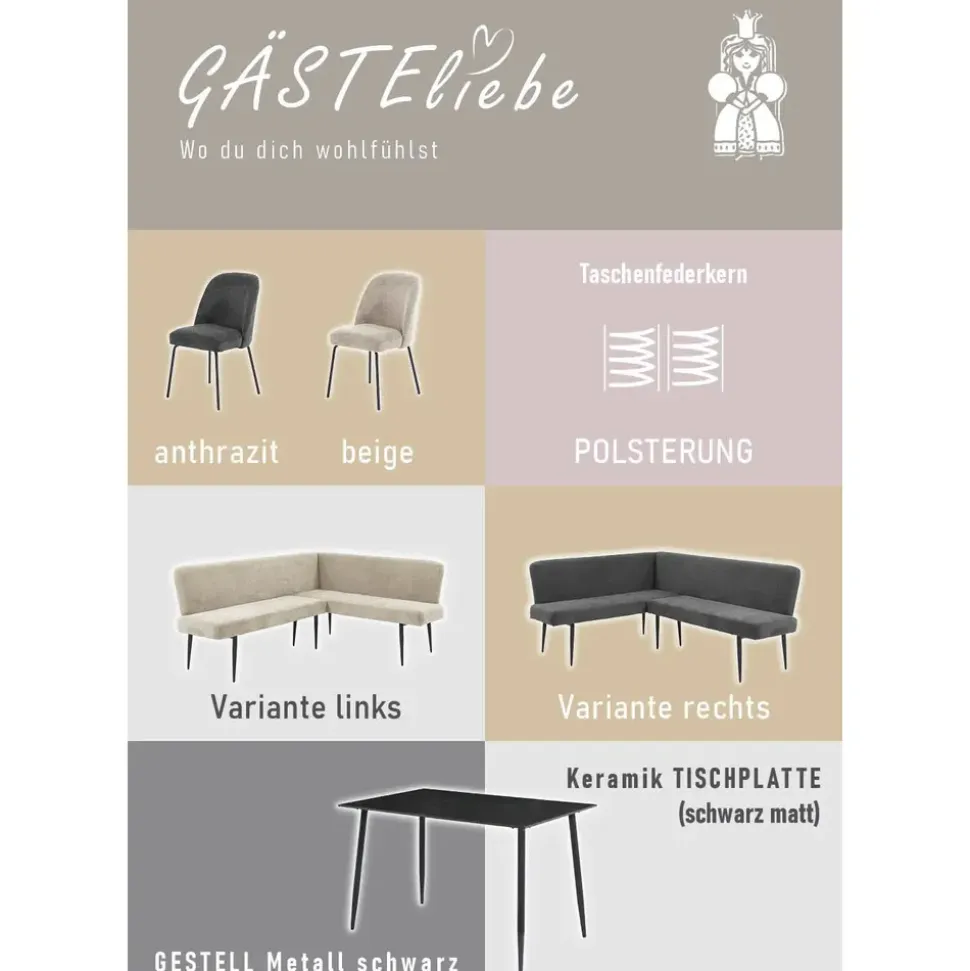 OTTO home Eckbankgruppe Melvin (Set, 4-tlg. Tisch, Bank und 2 Stühle), Taschenfederkern, Tisch (120x75cm) schwarz, Bank und Stühle anthrazit oder beige grau|schwarz