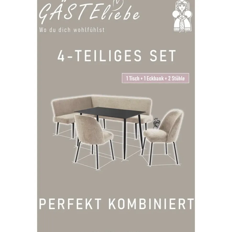 OTTO home Eckbankgruppe Melvin (Set, 4-tlg. Tisch, Bank und 2 Stühle), Taschenfederkern, Tisch (120x75cm) schwarz, Bank und Stühle anthrazit oder beige grau|schwarz
