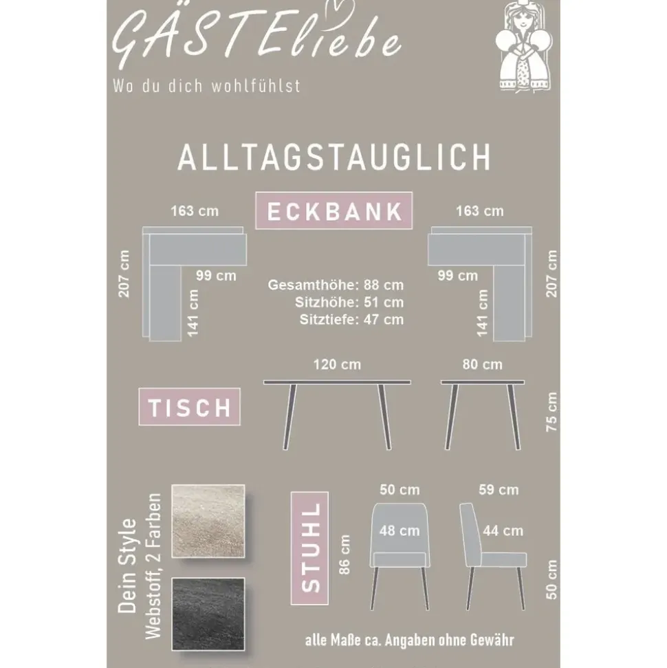 OTTO home Eckbankgruppe Melvin (Set, 4-tlg. Tisch, Bank und 2 Stühle), Taschenfederkern, Tisch (120x75cm) schwarz, Bank und Stühle anthrazit oder beige grau|schwarz