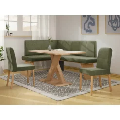 OTTO home Eckbankgruppe OTTO HOME "Nina", grün (mayfly, dekor eiche ontario), B:185cm H:88cm T:150cm, FSC-zertifizierter Holzwerkstoff, FSC-zertifiziertes Massivholz, Polyester, Sitzmöbel-Sets, Eckbankgruppe, Sitzgruppe Esszimmer Stühle Tisch und Bank bequem