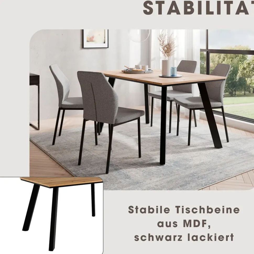 OTTO home Essgruppe Genf Tischgruppe, Esstisch plus 4 Stühle, (Set, 5-tlg., Otto's DAUERTIEFPREIS), Esstisch 138 cm, 4 Esszimmerstühle, moderne Tischplatte in Evoke eiche beige
