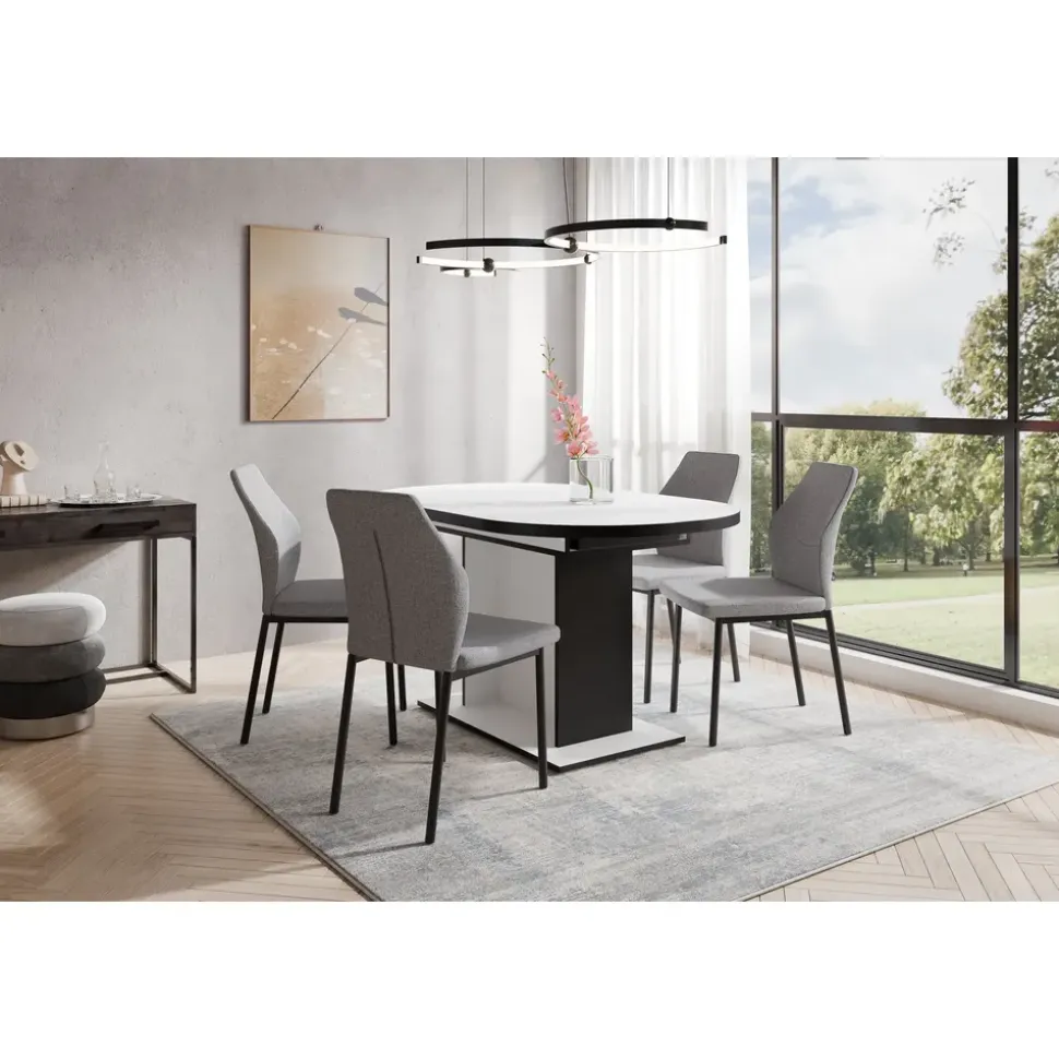 OTTO home Essgruppe OTTO HOME "Basel, Tischgruppe mit 4 Stühlen, Esstisch ausziehbar 140 - 180 cm", grau (weiß, hellgrau), Webstoff, Auszugsplatte, Sitzmöbel-Sets, Essgruppe, BESTSELLER, Sitzgruppe, Tisch, Stühle, ovale Tischplatte, Säulentisch