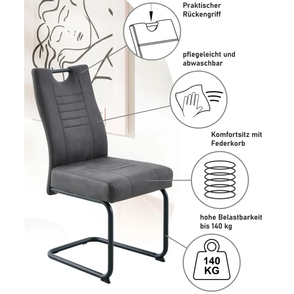 OTTO home Essgruppe OTTO HOME "Altona", Esstisch ausziehbar plus 6 Stühle", eiche, anthrazit, anthrazit, schwarz, Microfaser, Synchron-Auszug, Sitzmöbel-Sets, Essgruppe, Säulentisch 140-180x90 cm, Stuhl mit Federkorb, 140 kg belastbar, Topseller