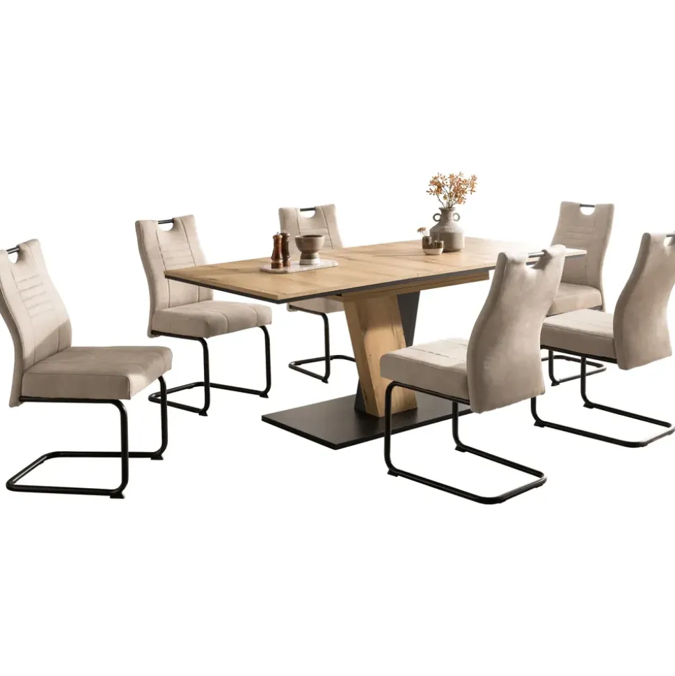 OTTO home Essgruppe OTTO HOME "Altona", Esstisch ausziehbar plus 6 Stühle, TOPSELLER", eiche, beige, beige, schwarz, Microfaser, Synchron-Auszug, Sitzmöbel-Sets, Essgruppe, Säulentisch 140-180x90 cm, Stuhl mit Federkorb, 140 kg belastbar,