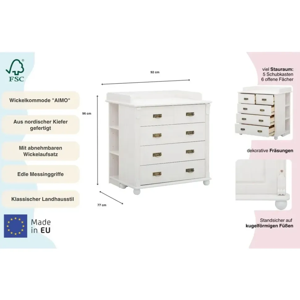 OTTO home Wickelkommode "Aimo", Kommode, Landhausstil, mit edlen Messinggriffen und Details, aus Massivholz (Kiefer); FSC®-Holz weiß