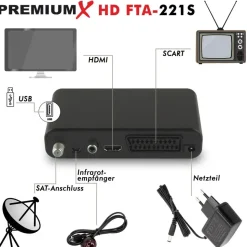 Premium X PremiumX HD 221S FTA Digital SAT Receiver DVB-S2 HDMI SCART USB 12V FullHD – Schwarz