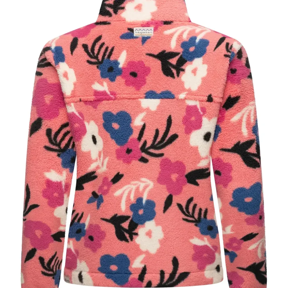 Ragwear Damen, Plüschjacke im Blumenmuster kurze Teddyfleece-Jacke warm mit hohem Kragen und Brusttasche Appopis Print Coral Gr.