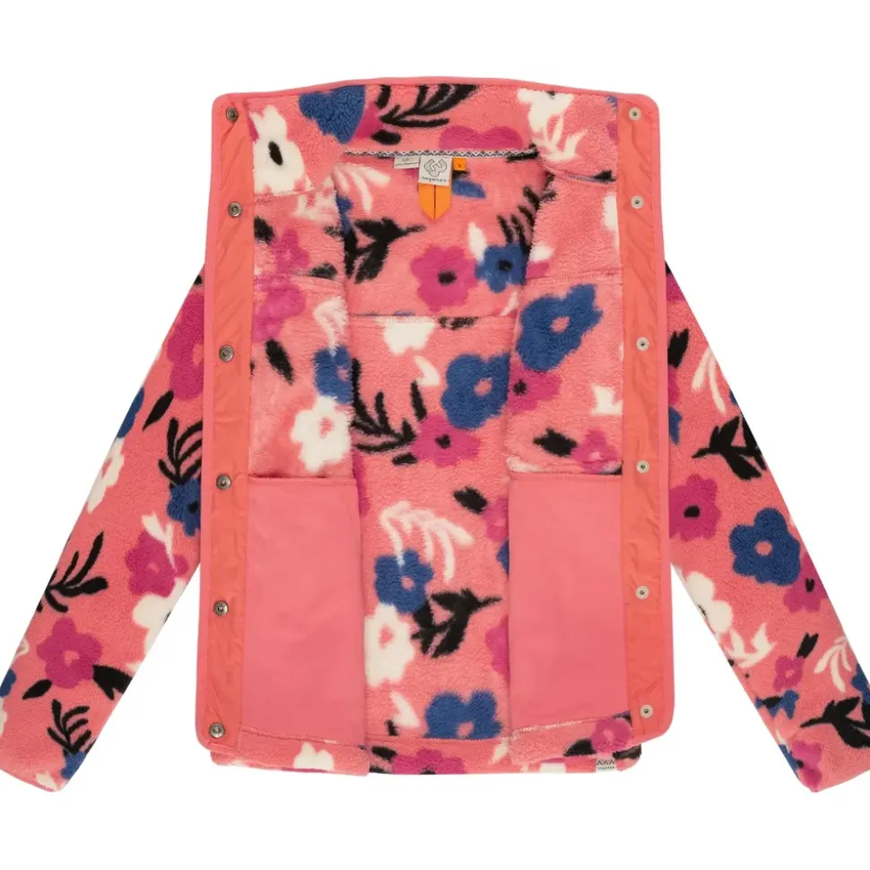 Ragwear Damen, Plüschjacke im Blumenmuster kurze Teddyfleece-Jacke warm mit hohem Kragen und Brusttasche Appopis Print Coral Gr.