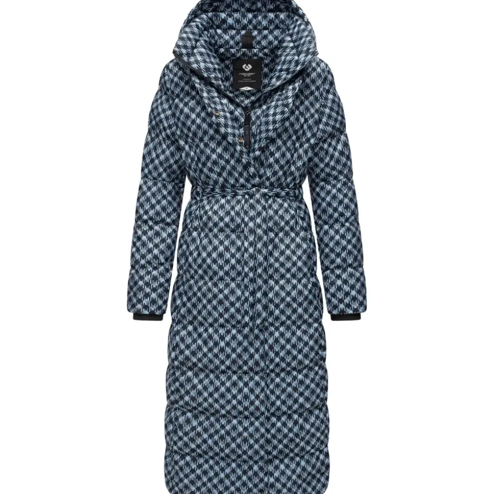 Ragwear Damen Wintermantel Warmer atmungsaktiver und wasserdichter Steppmantel lang mit angesagtem Hahnentritt Muster mit Kapuze Niara Long Print YOUMODO Cloud Gr. 3XL - 3XL