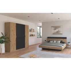 Rauch Schlafzimmer-Set "Monza", grau (eiche artisan, graumetallic), Bett 180x200cm + ohne Matratze, B/H: 180cm x 200cm, Bett 180x200cm, Holzwerkstoff, Schlafzimmermöbel-Sets, mit Drehtürenschrank Breite 226 cm, Bettanlage in 2 Breiten