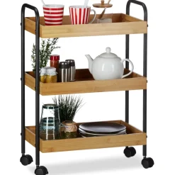 Relaxdays Bambus Rollwagen, 3 Ablagen, natürliche Optik, 360° drehbare Rollen, Stahl, HxBxT: 70x50x28cm, Natur/schwarz