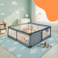 Relaxdays Laufstall Baby, 200 x 200 cm, Laufgitter, 50 Bällen, 2 Laufstallringe, sichere Spielecke, Oxford-Gewebe, grau