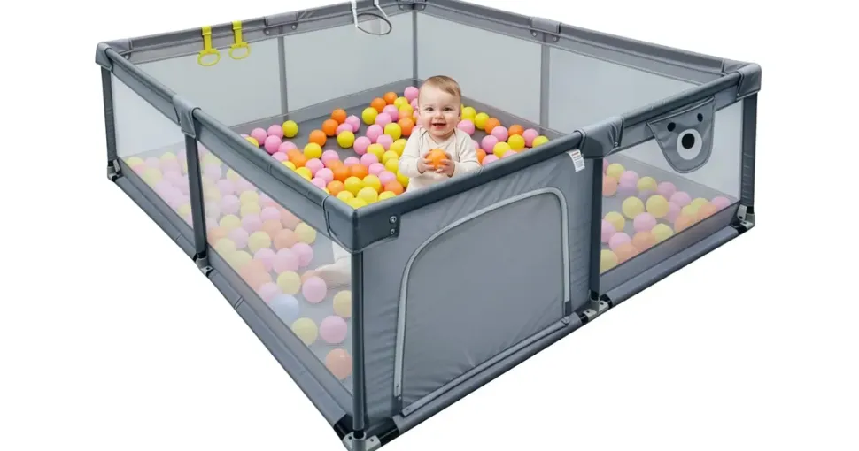 Relaxdays Laufstall Baby, 200 x 200 cm, Laufgitter, 50 Bällen, 2 Laufstallringe, sichere Spielecke, Oxford-Gewebe, grau