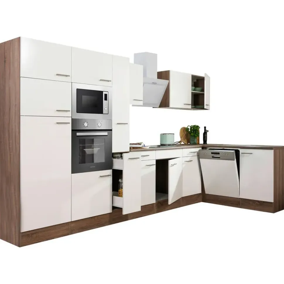 Respekta Winkelküche Oliver L-Form 370 x 172 cm E-Geräte weiß seidenglanz/eiche york nachbildung
