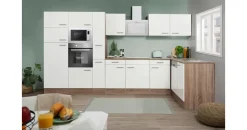 Respekta Winkelküche Oliver L-Form 370 x 172 cm E-Geräte weiß seidenglanz/eiche york nachbildung