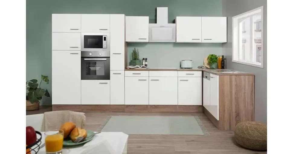 Respekta Winkelküche Oliver L-Form 370 x 172 cm E-Geräte weiß seidenglanz/eiche york nachbildung