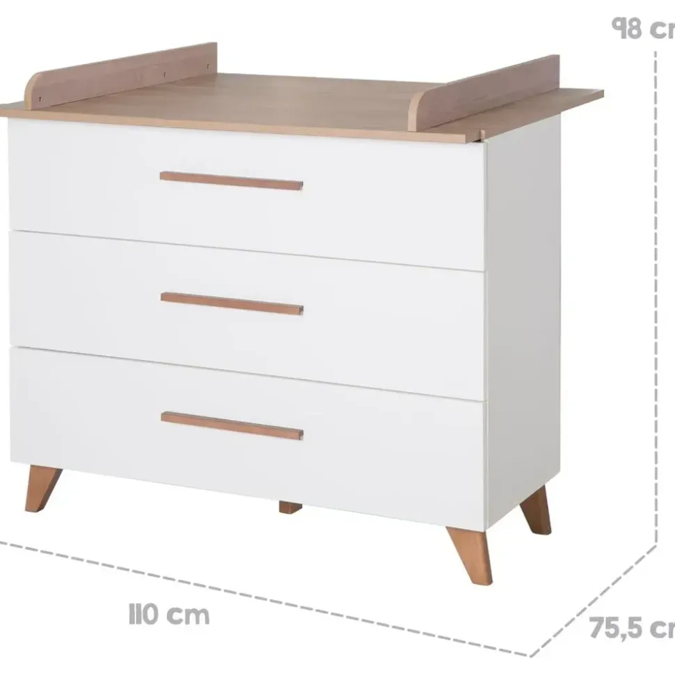 roba Kinderzimmer Set 3-teilig Ole - Kinderbett 70 x 140 cm umbaubar + Wickelkommode mit 3 Schubladen + Kinderkleiderschrank - Griffe & Füße aus Massivholz - Weiß/Dunkle Eiche