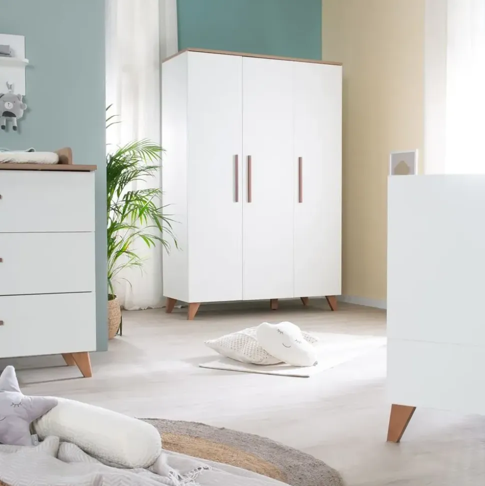 roba Kinderzimmer Set 3-teilig Ole - Kinderbett 70 x 140 cm umbaubar + Wickelkommode mit 3 Schubladen + Kinderkleiderschrank - Griffe & Füße aus Massivholz - Weiß/Dunkle Eiche
