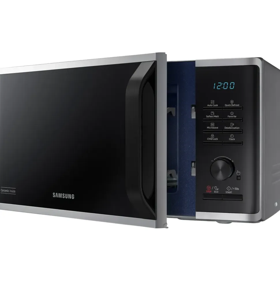 Samsung MS2AK3515AS/EG Mikrowelle, 800 W, 23 l Garraum, 48,9 cm Breite, Kratzfester Keramik-Emaille-Inneraum, QuickDefrost Auftauprogramme, Silber