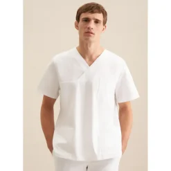Seidensticker SEIDENSTICKER, Herren, Gr. XL (43-44), normale Ärmellängen, weiß, 60% Baumwolle, 40% Polyester, unifarben, regular fit, V-Ausschnitt, gerader Abschluss, Hemden, Kasack Uni