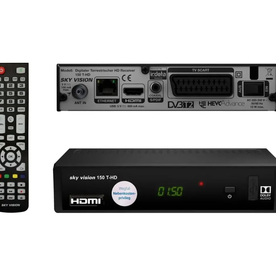 Sky Vision 150 T-HD, 1080p HDTV DVB-T2 Receiver, USB, HDMI, SCART, Coaxial - Schwarz